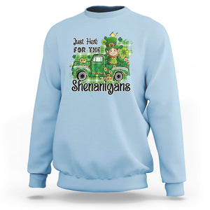 Funny St. Patricks Day Sweatshirt Just Here For The Shenanigans Truck of Shamrock TS02 Light Blue Printyourwear