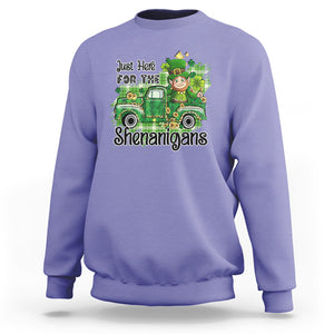 Funny St. Patricks Day Sweatshirt Just Here For The Shenanigans Truck of Shamrock TS02 Violet Printyourwear