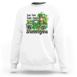 Funny St. Patricks Day Sweatshirt Just Here For The Shenanigans Truck of Shamrock TS02 White Printyourwear