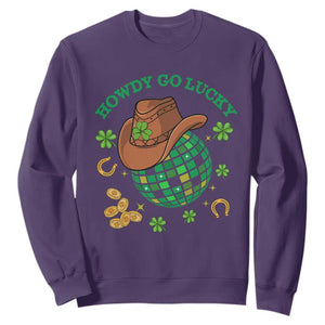 Funny St. Patricks Cowboy Sweatshirt Howdy Go Lucky Retro Disco Western Life TS02 Purple Printyourwear