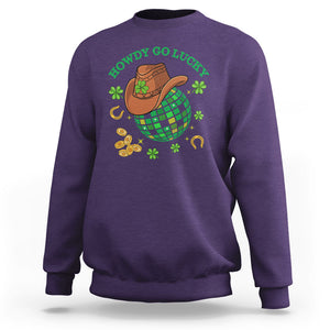 Funny St. Patricks Cowboy Sweatshirt Howdy Go Lucky Retro Disco Western Life TS02 Purple Printyourwear