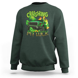 Funny St. Patricks Day Sweatshirt Crushing My Luck Truck of Shamrocks TS02 Dark Forest Green Printyourwear