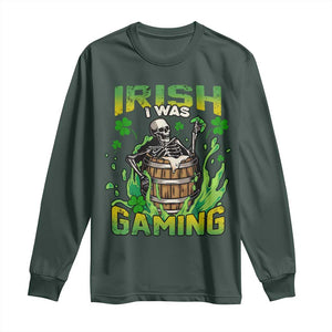 Irish Skeleton Long Sleeve Shirt Irish I Was Gaming Funny St Patrick's Day Gamer Gaming Skull TS02 Dark Forest Green Print Your Wear