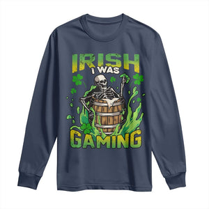 Irish Skeleton Long Sleeve Shirt Irish I Was Gaming Funny St Patrick's Day Gamer Gaming Skull TS02 Navy Print Your Wear