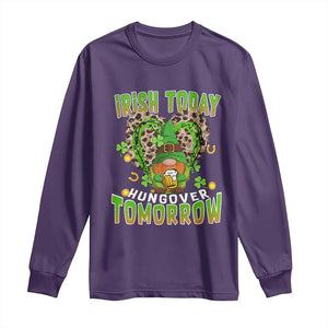 Funny St Patricks Day Drinking Long Sleeve Shirt Irish Today Hungover Tomorrow Beer Lover Gnome TS02 Purple Print Your Wear