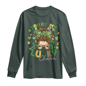 Funny St Patricks Day Long Sleeve Shirt You Are My Lucky Charm Shamrock Messy Bun TS02 Dark Forest Green Print Your Wear