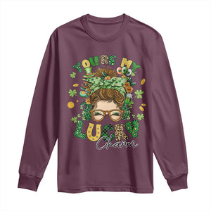 Funny St Patricks Day Long Sleeve Shirt You Are My Lucky Charm Shamrock Messy Bun TS02 Maroon Print Your Wear