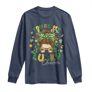 Funny St Patricks Day Long Sleeve Shirt You Are My Lucky Charm Shamrock Messy Bun TS02 Navy Print Your Wear