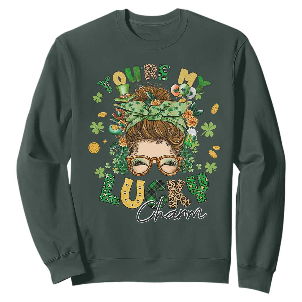 Funny St. Patricks Day Sweatshirt You Are My Lucky Charm Shamrock Messy Bun TS02 Dark Forest Green Printyourwear