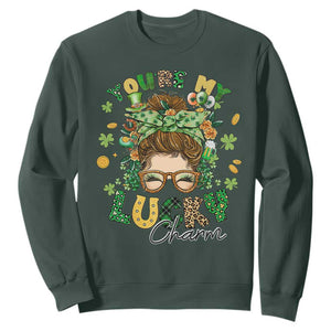 Funny St. Patricks Day Sweatshirt You Are My Lucky Charm Shamrock Messy Bun TS02 Dark Forest Green Printyourwear