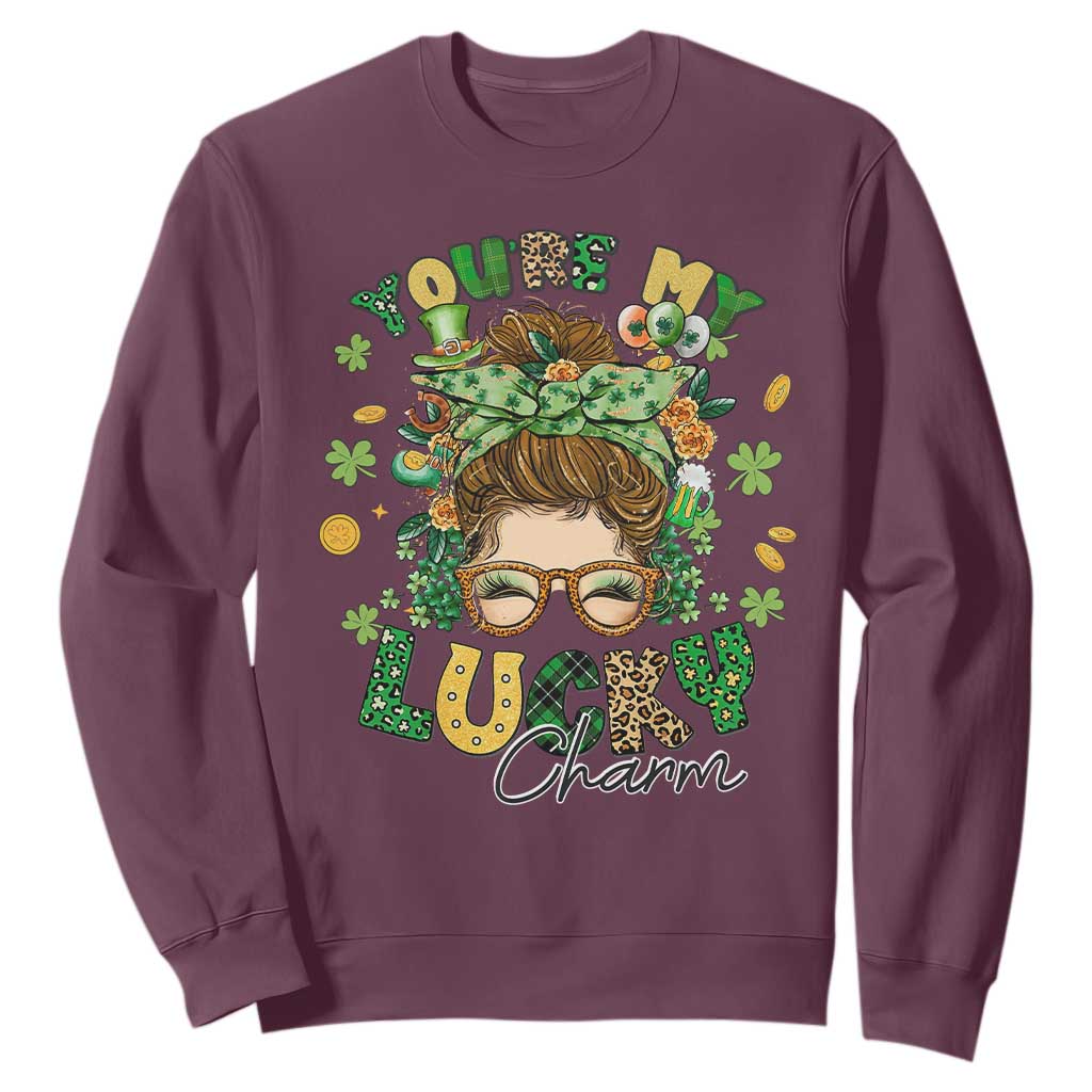 Funny St. Patricks Day Sweatshirt You Are My Lucky Charm Shamrock Messy Bun TS02 Maroon Printyourwear