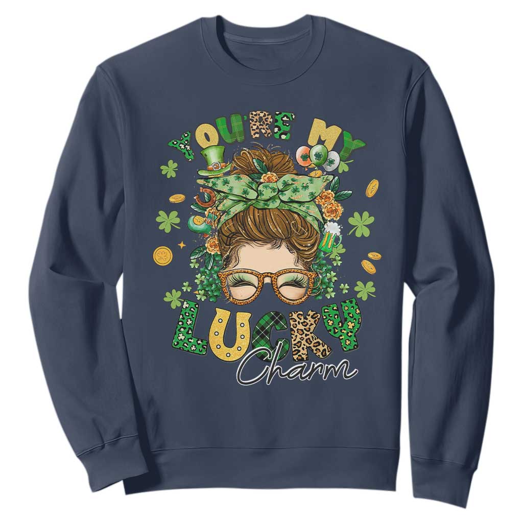 Funny St. Patricks Day Sweatshirt You Are My Lucky Charm Shamrock Messy Bun TS02 Navy Printyourwear