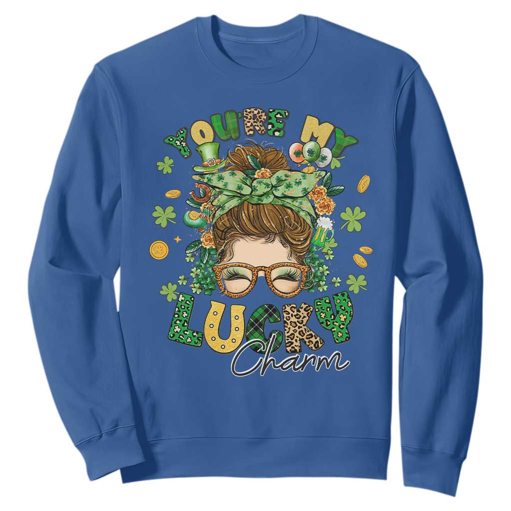 Funny St. Patricks Day Sweatshirt You Are My Lucky Charm Shamrock Messy Bun TS02 Royal Blue Printyourwear