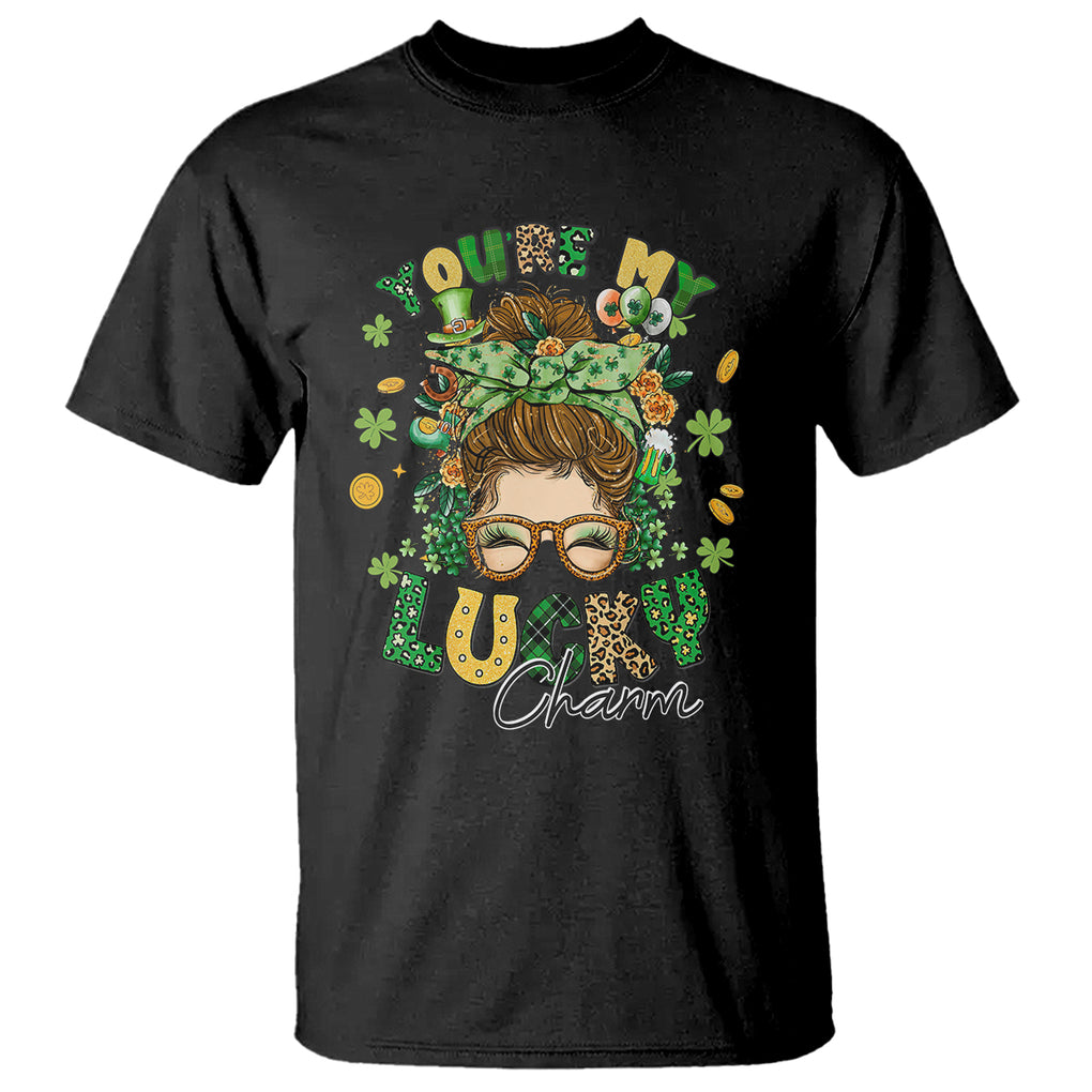 Funny St. Patricks Day T Shirt You Are My Lucky Charm Shamrock Messy Bun TS02 Black Printyourwear