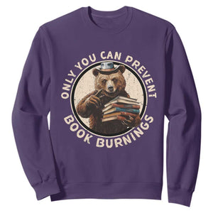 Funny Books Lover Bear Sweatshirt Only You Can Prevent Book Burnings TS02 Purple Print Your Wear