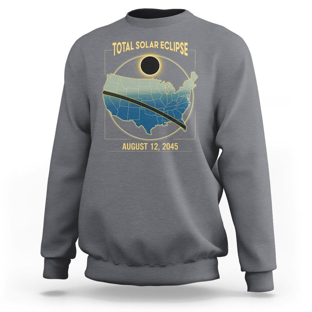 Total Solar Eclipse 2045 Sweatshirt American Totality Tour Map August 12 TS02 Charcoal Printyourwear