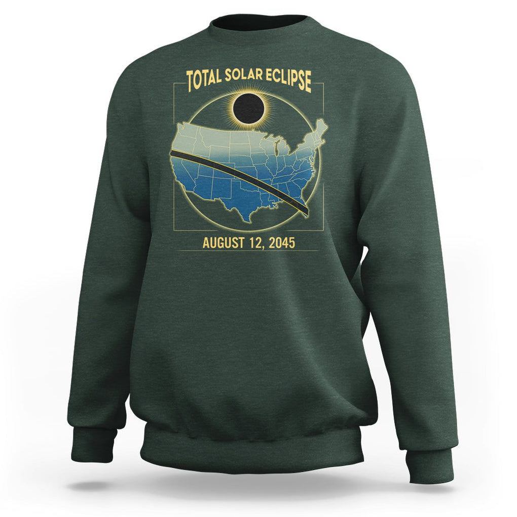 Total Solar Eclipse 2045 Sweatshirt American Totality Tour Map August 12 TS02 Dark Forest Green Printyourwear