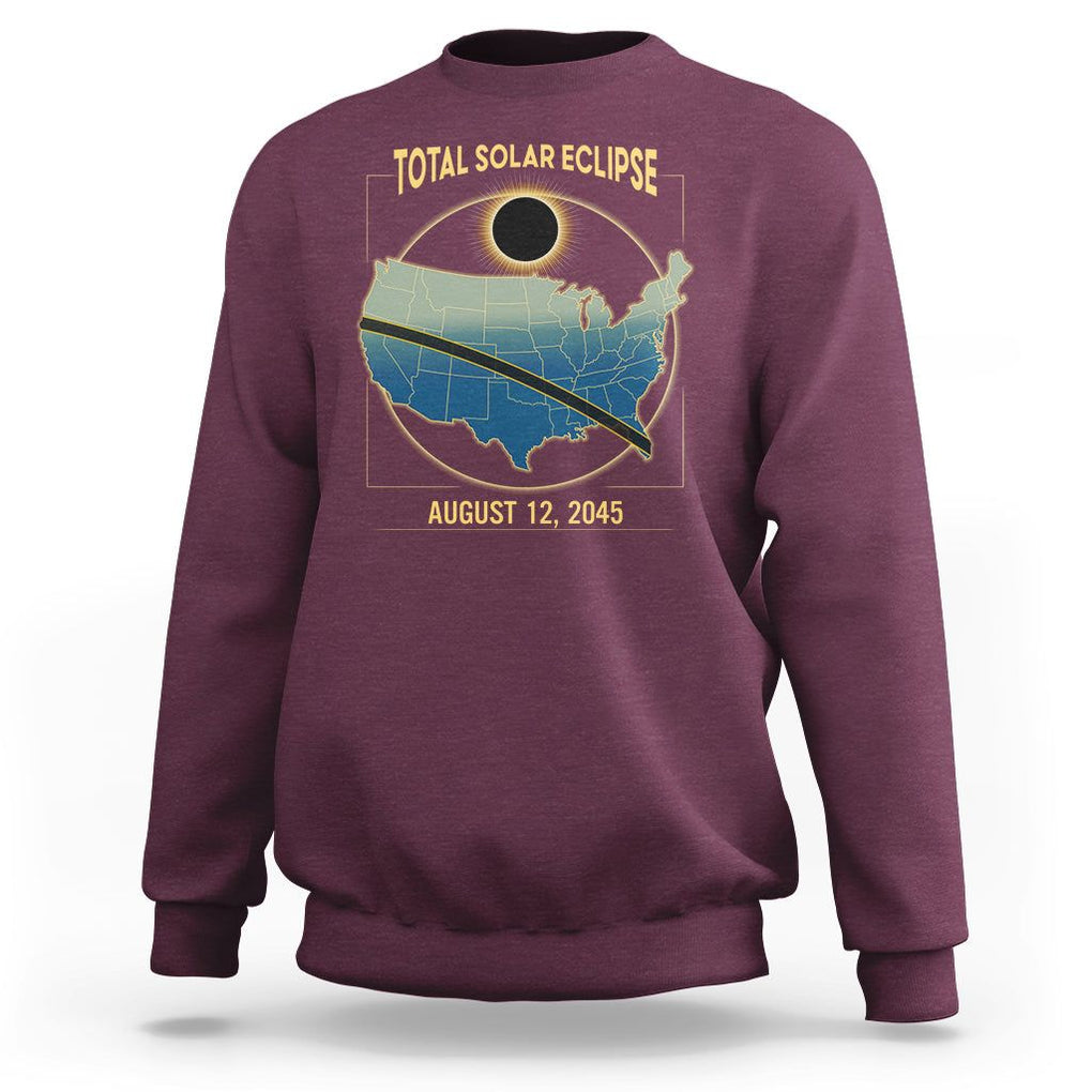 Total Solar Eclipse 2045 Sweatshirt American Totality Tour Map August 12 TS02 Maroon Printyourwear