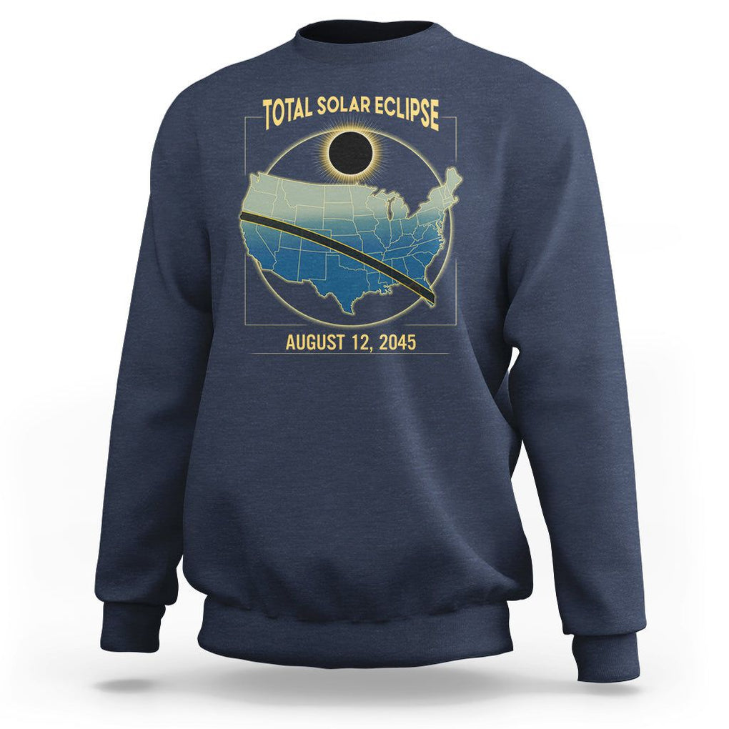 Total Solar Eclipse 2045 Sweatshirt American Totality Tour Map August 12 TS02 Navy Printyourwear