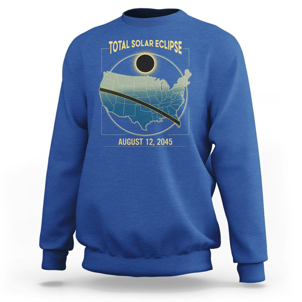Total Solar Eclipse 2045 Sweatshirt American Totality Tour Map August 12 TS02 Royal Blue Printyourwear
