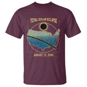 Total Solar Eclipse 2045 T Shirt American Totality Tour Map August 12 TS02 Maroon Printyourwear