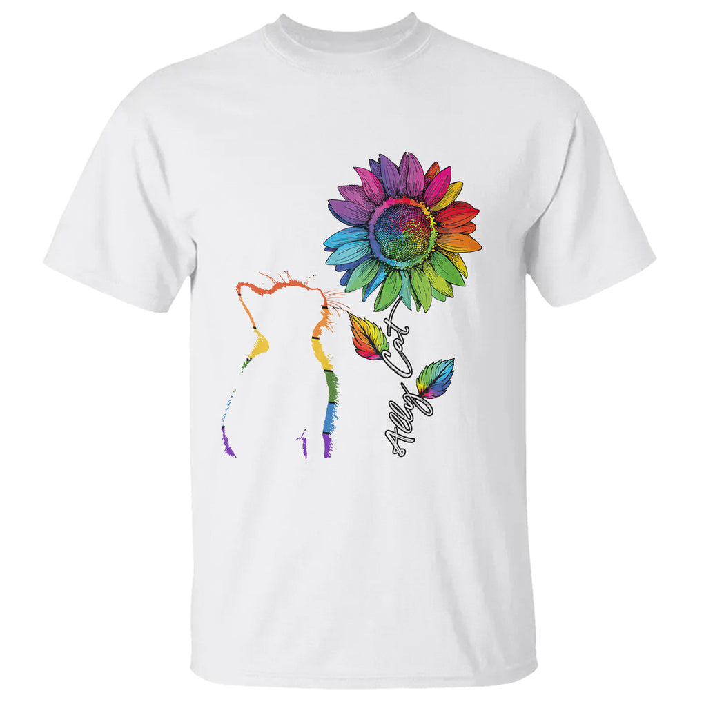 LGBT Ally Cat T Shirt Gay Pride Rainbow Sunflower TS02 White Printyourwear