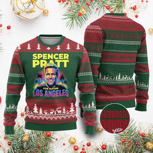 Spencer Pratt for Mayor Los Angeles Synthwave Graphic Ugly Christmas Sweater Retro Neon California Supporter TS02 Red Green Print Your Wear