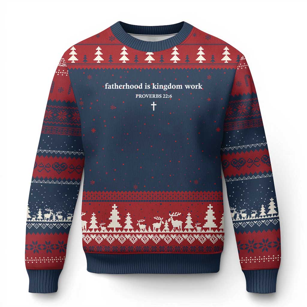 Fatherhood Is Kingdom Work Minimalist Christian Dad Ugly Christmas Sweater Cross Scripture Proverbs 22:6 Religious Fathers Day TS02 Navy Red Print Your Wear