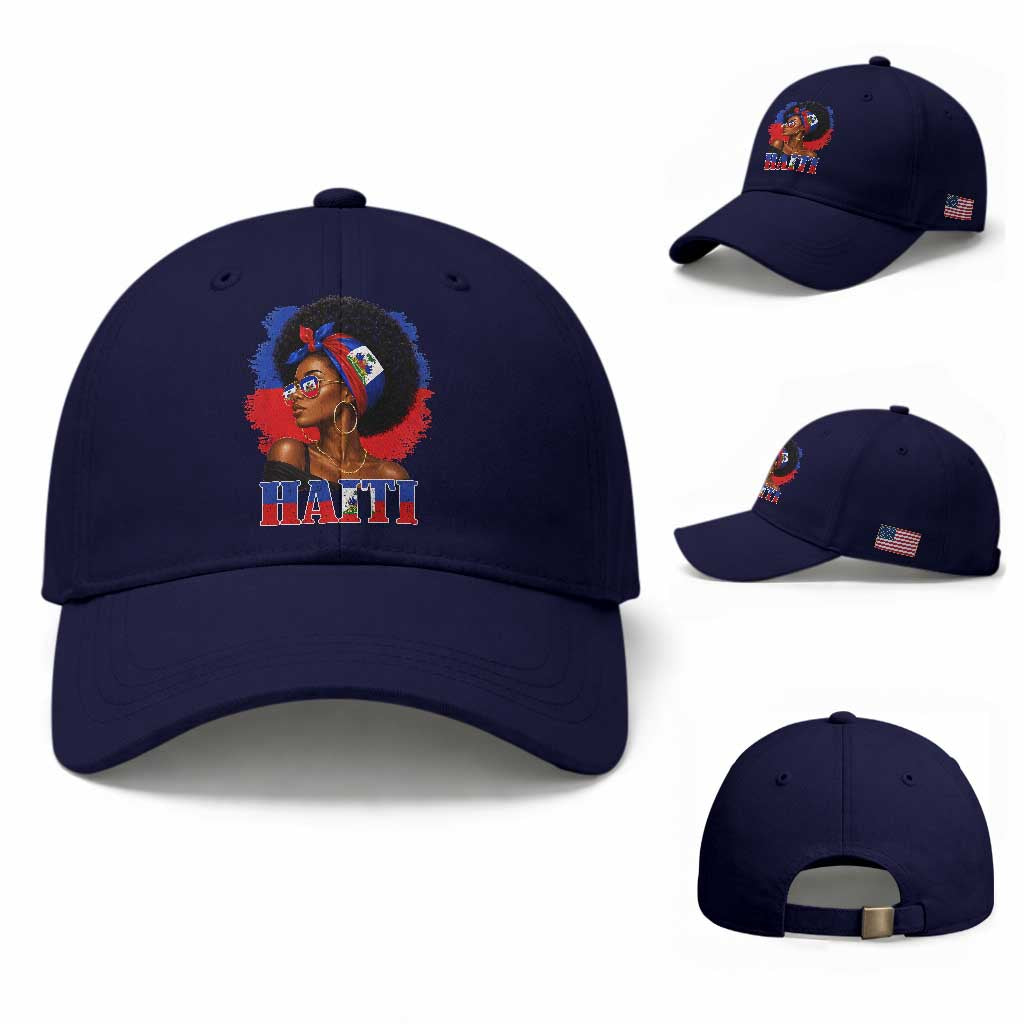 Haitian Queen Afro Melanin Graphic Baseball Cap Haiti Flag Heritage Pride TS02 Baseball Cap Universal Fit Dark Blue Print Your Wear