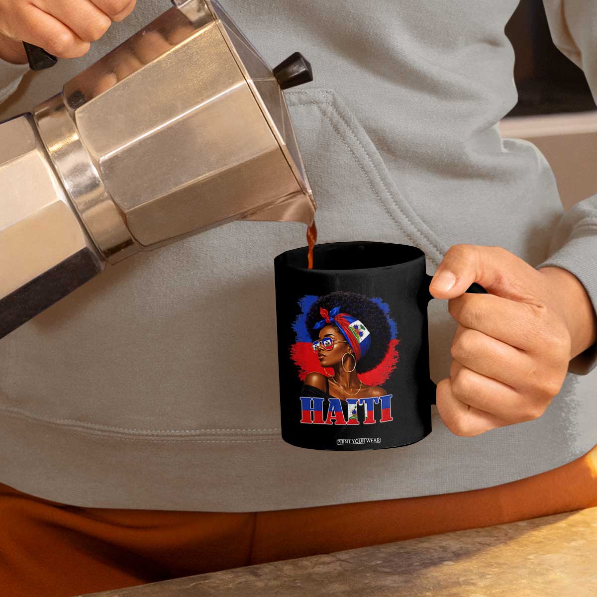 Haitian Queen Afro Melanin Graphic Coffee Mug Haiti Flag Heritage Pride TS02 Print Your Wear