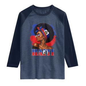 Haitian Queen Afro Melanin Graphic Raglan Shirt Haiti Flag Heritage Pride TS02 Heather Denim Navy Print Your Wear