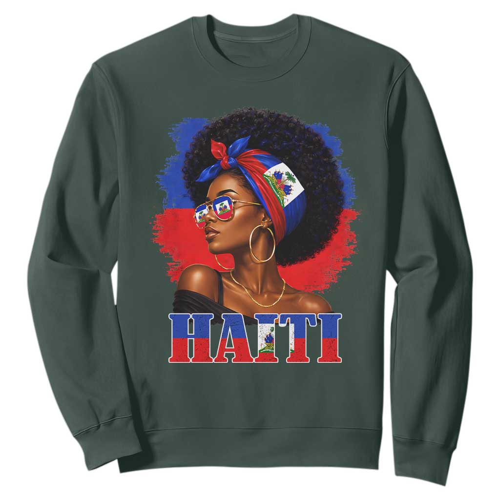 Haitian Queen Afro Melanin Graphic Sweatshirt Haiti Flag Heritage Pride TS02 Dark Forest Green Print Your Wear