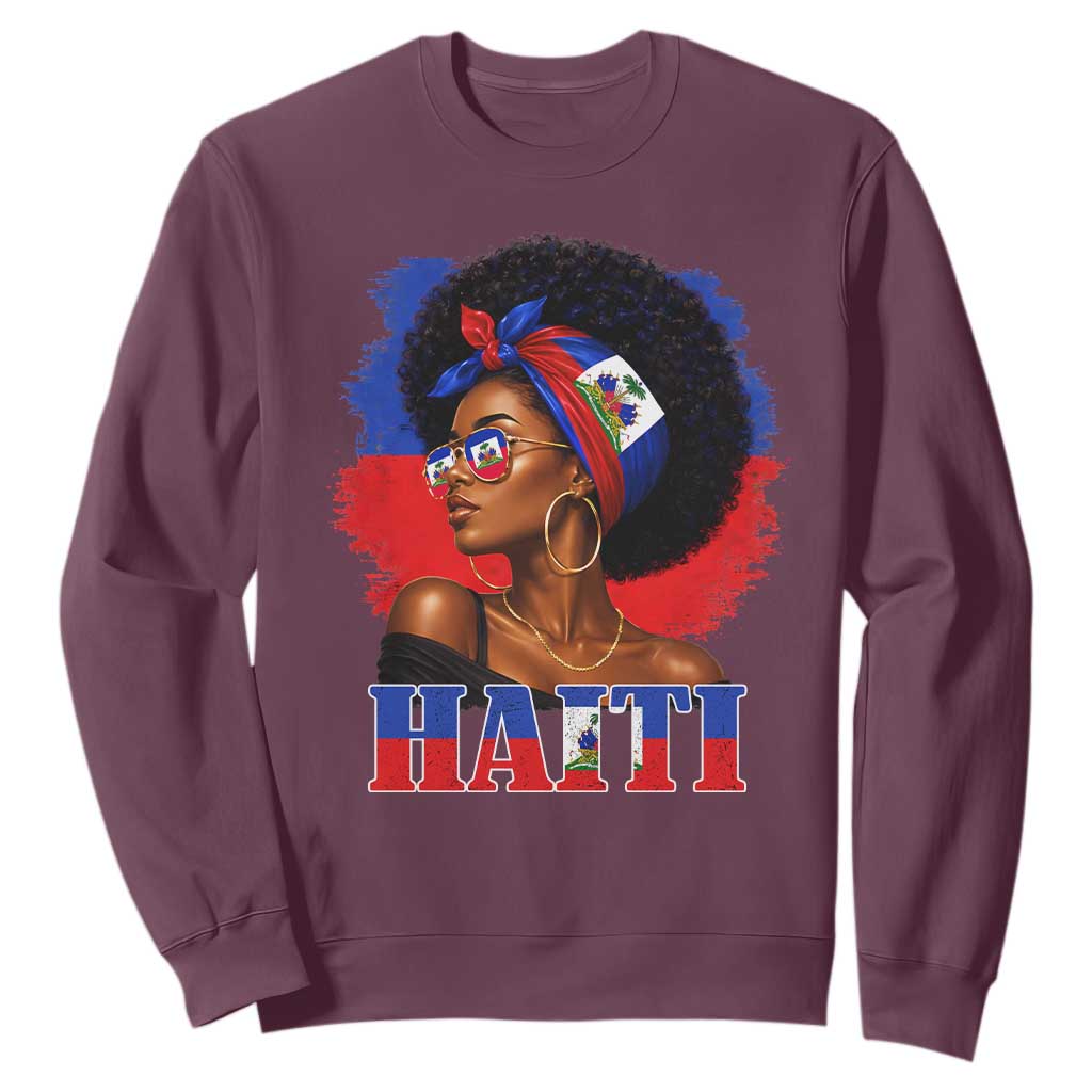 Haitian Queen Afro Melanin Graphic Sweatshirt Haiti Flag Heritage Pride TS02 Maroon Print Your Wear