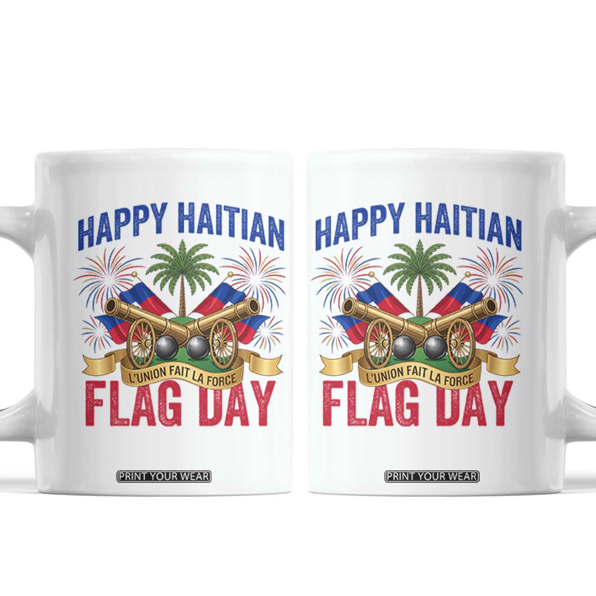 Happy Haitian Flag Day Celebration Graphic Coffee Mug May 18 National Pride Haiti Heritage TS02 White Print Your Wear