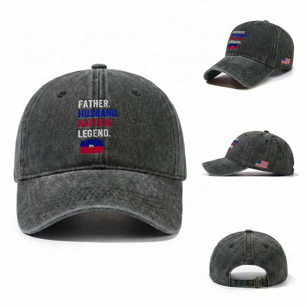 Father Husband Haitian Legend Washed Cotton Baseball Cap Distressed Haiti Flag Dad Gift Father's Day TS02 Washed Cap Universal Fit Dark Green Print Your Wear