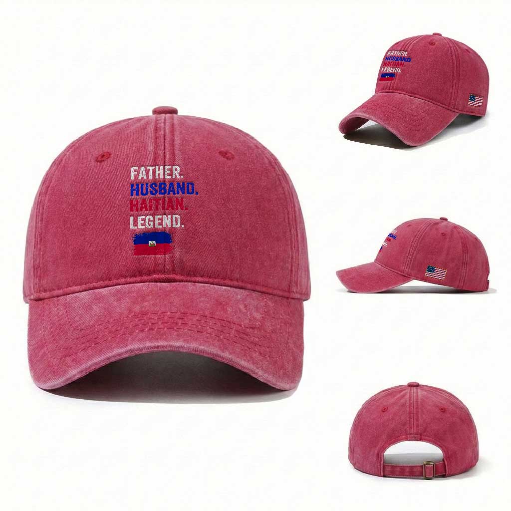 Father Husband Haitian Legend Washed Cotton Baseball Cap Distressed Haiti Flag Dad Gift Father's Day TS02 Washed Cap Universal Fit Red Print Your Wear