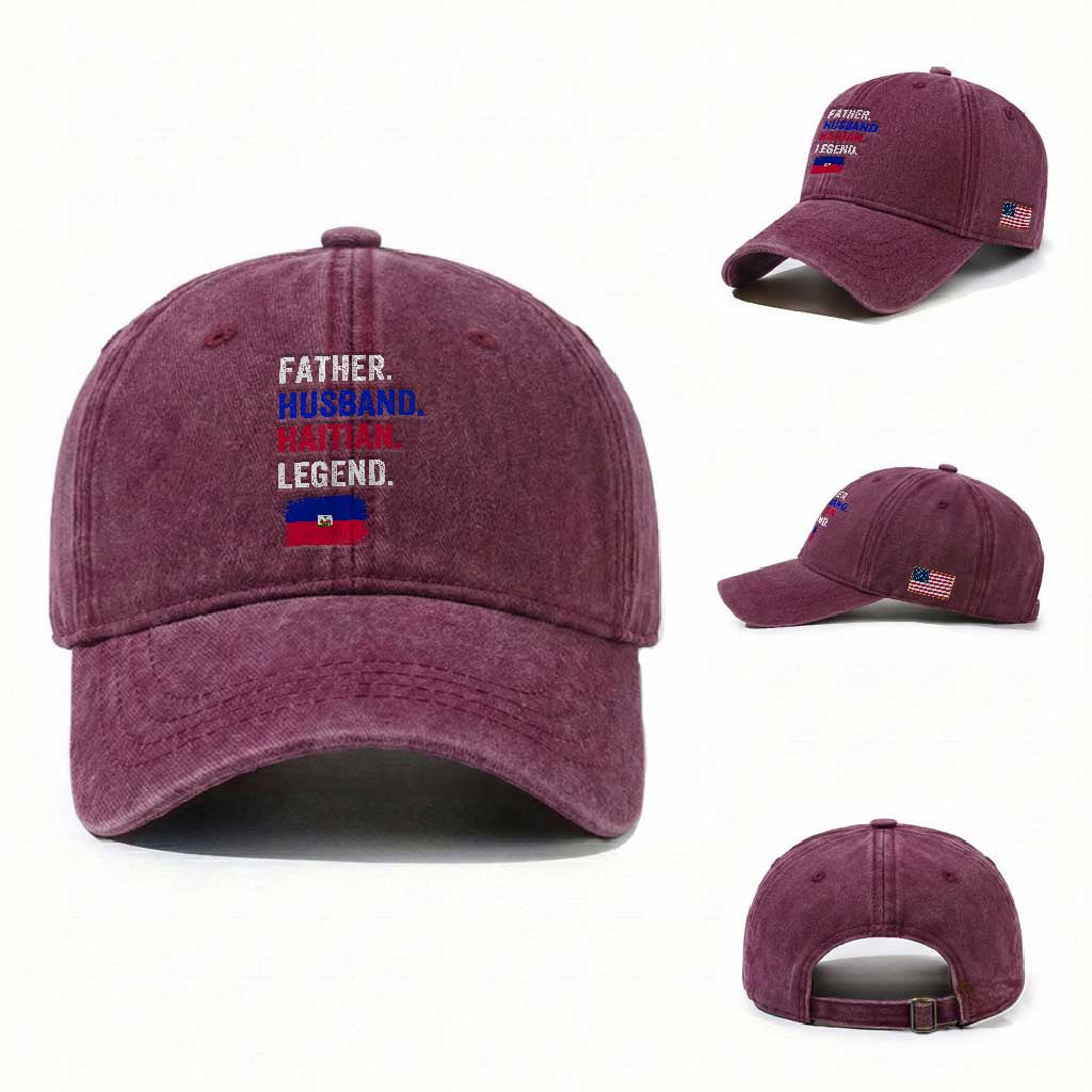 Father Husband Haitian Legend Washed Cotton Baseball Cap Distressed Haiti Flag Dad Gift Father's Day TS02 Washed Cap Universal Fit Burgundy Print Your Wear