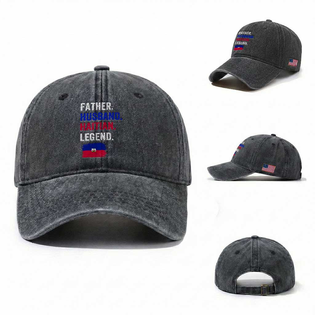 Father Husband Haitian Legend Washed Cotton Baseball Cap Distressed Haiti Flag Dad Gift Father's Day TS02 Washed Cap Universal Fit Dark Gray Print Your Wear