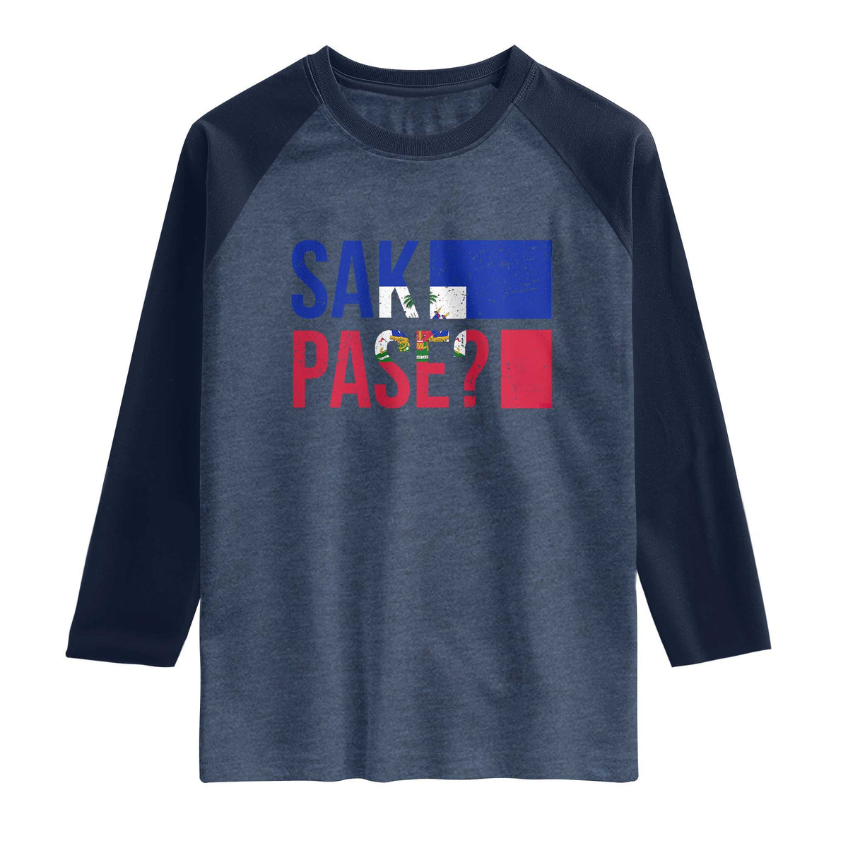 Sak Pase Haitian Creole Raglan Shirt Haiti Flag Heritage Pride TS02 Heather Denim Navy Print Your Wear