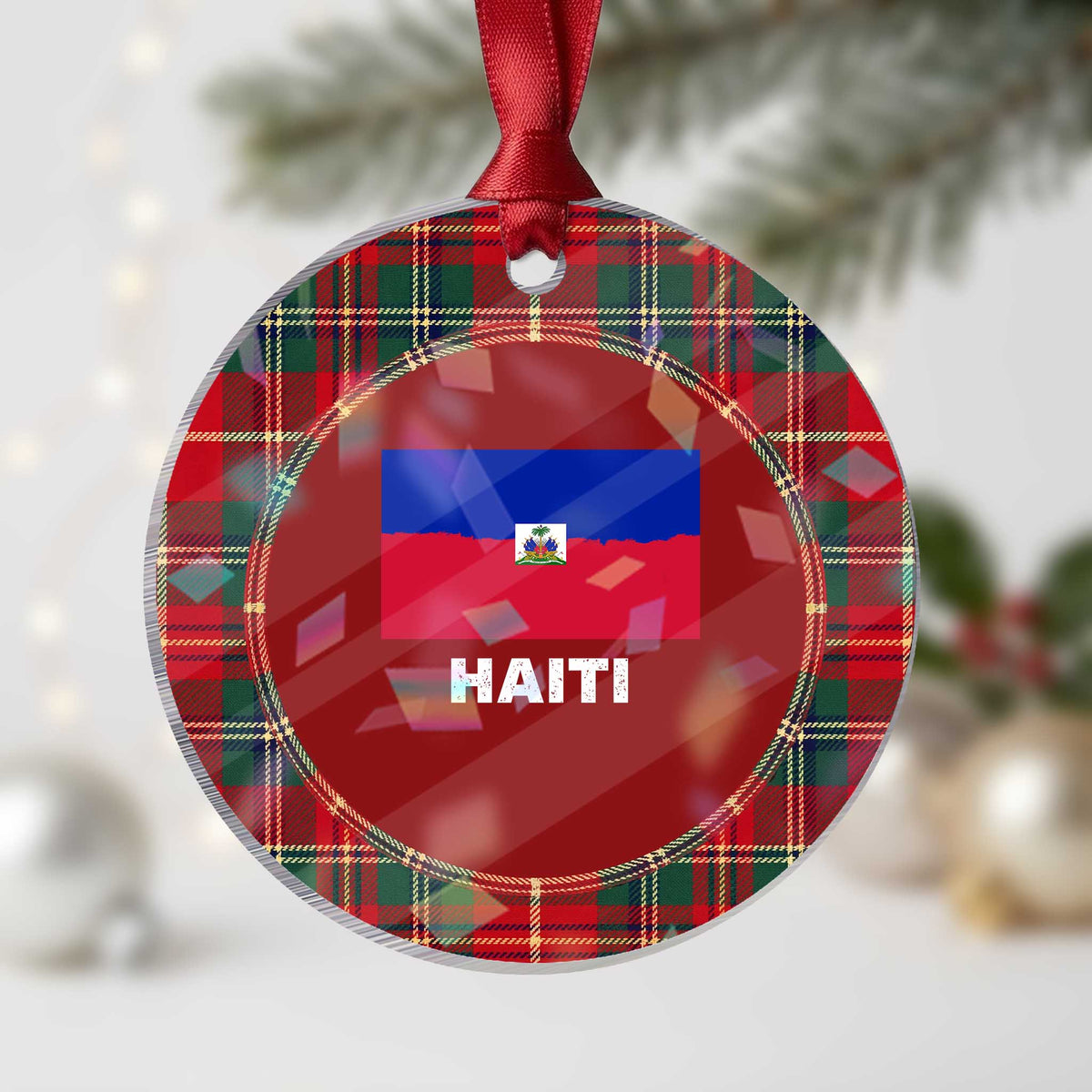 Vintage Distressed Haiti Flag Holographic Acrylic Ornament Haitian Heritage Pride