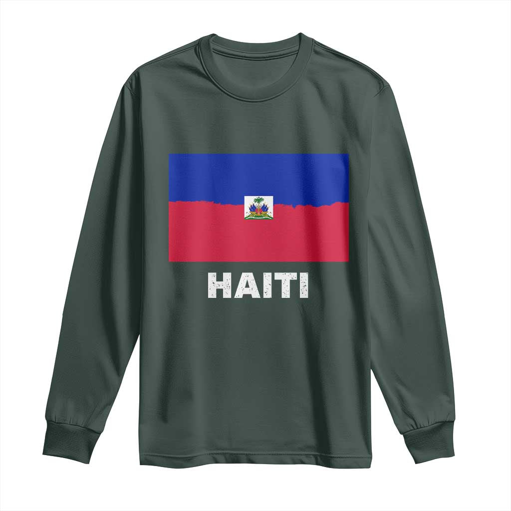 Vintage Distressed Haiti Flag Long Sleeve Shirt Haitian Heritage Pride TS02 Dark Forest Green Print Your Wear