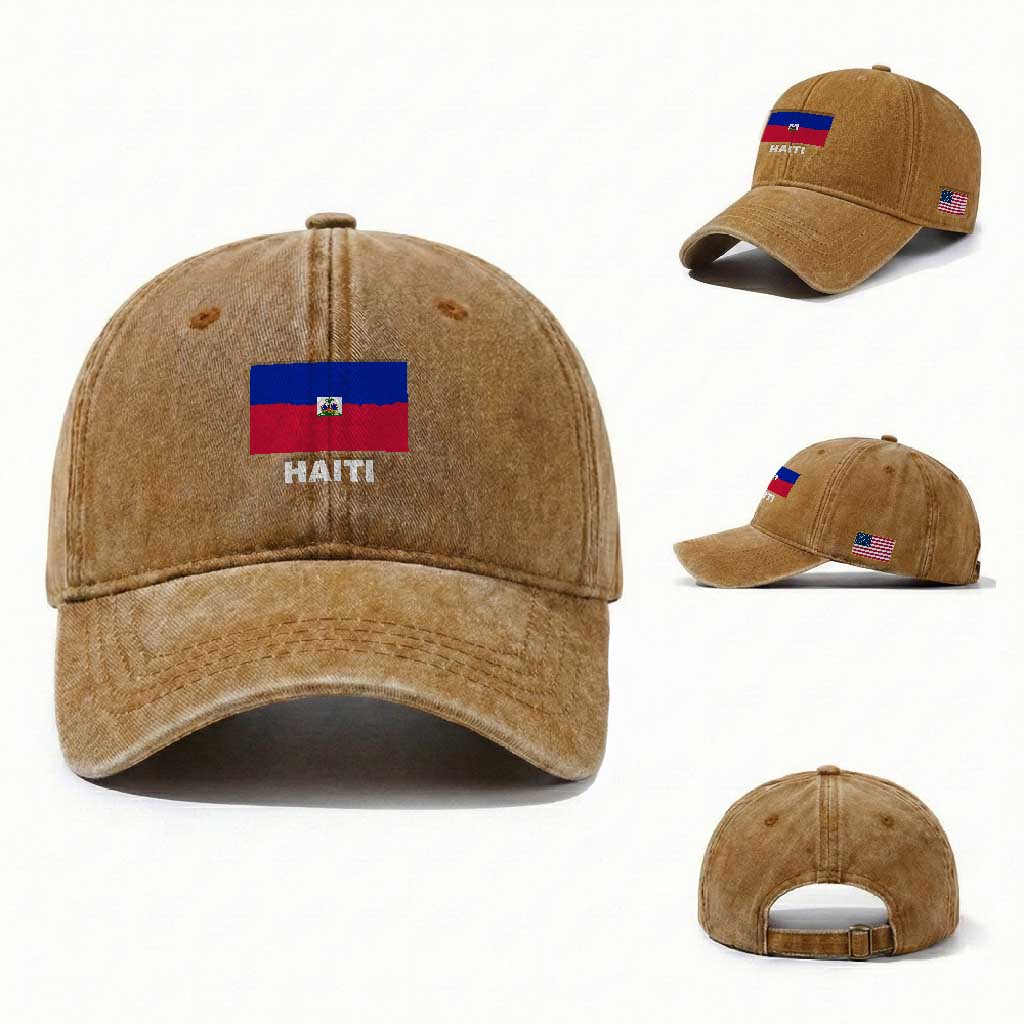 Vintage Distressed Haiti Flag Washed Cotton Baseball Cap Haitian Heritage Pride TS02 Washed Cap Universal Fit Yellow Ochre Print Your Wear