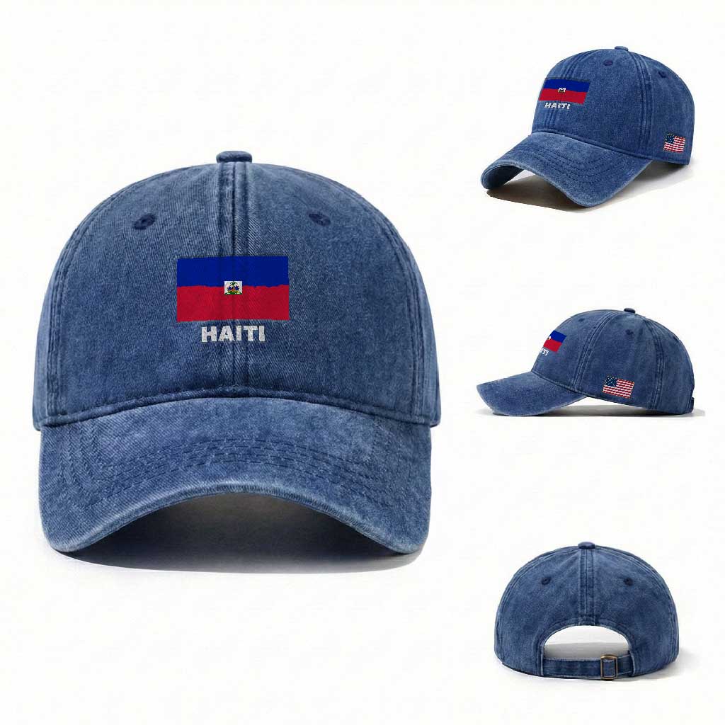 Vintage Distressed Haiti Flag Washed Cotton Baseball Cap Haitian Heritage Pride TS02 Washed Cap Universal Fit Royal Blue Print Your Wear