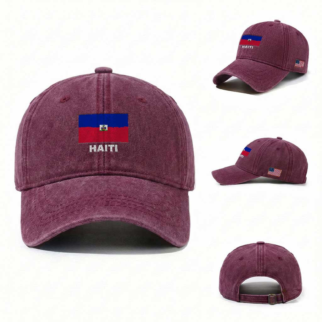 Vintage Distressed Haiti Flag Washed Cotton Baseball Cap Haitian Heritage Pride TS02 Washed Cap Universal Fit Burgundy Print Your Wear