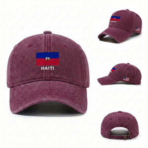 Vintage Distressed Haiti Flag Washed Cotton Baseball Cap Haitian Heritage Pride TS02 Washed Cap Universal Fit Burgundy Print Your Wear