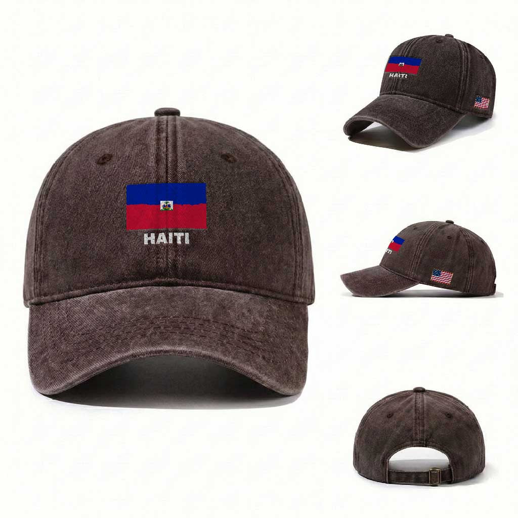 Vintage Distressed Haiti Flag Washed Cotton Baseball Cap Haitian Heritage Pride TS02 Washed Cap Universal Fit Dark Brown Print Your Wear