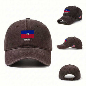 Vintage Distressed Haiti Flag Washed Cotton Baseball Cap Haitian Heritage Pride TS02 Washed Cap Universal Fit Dark Brown Print Your Wear