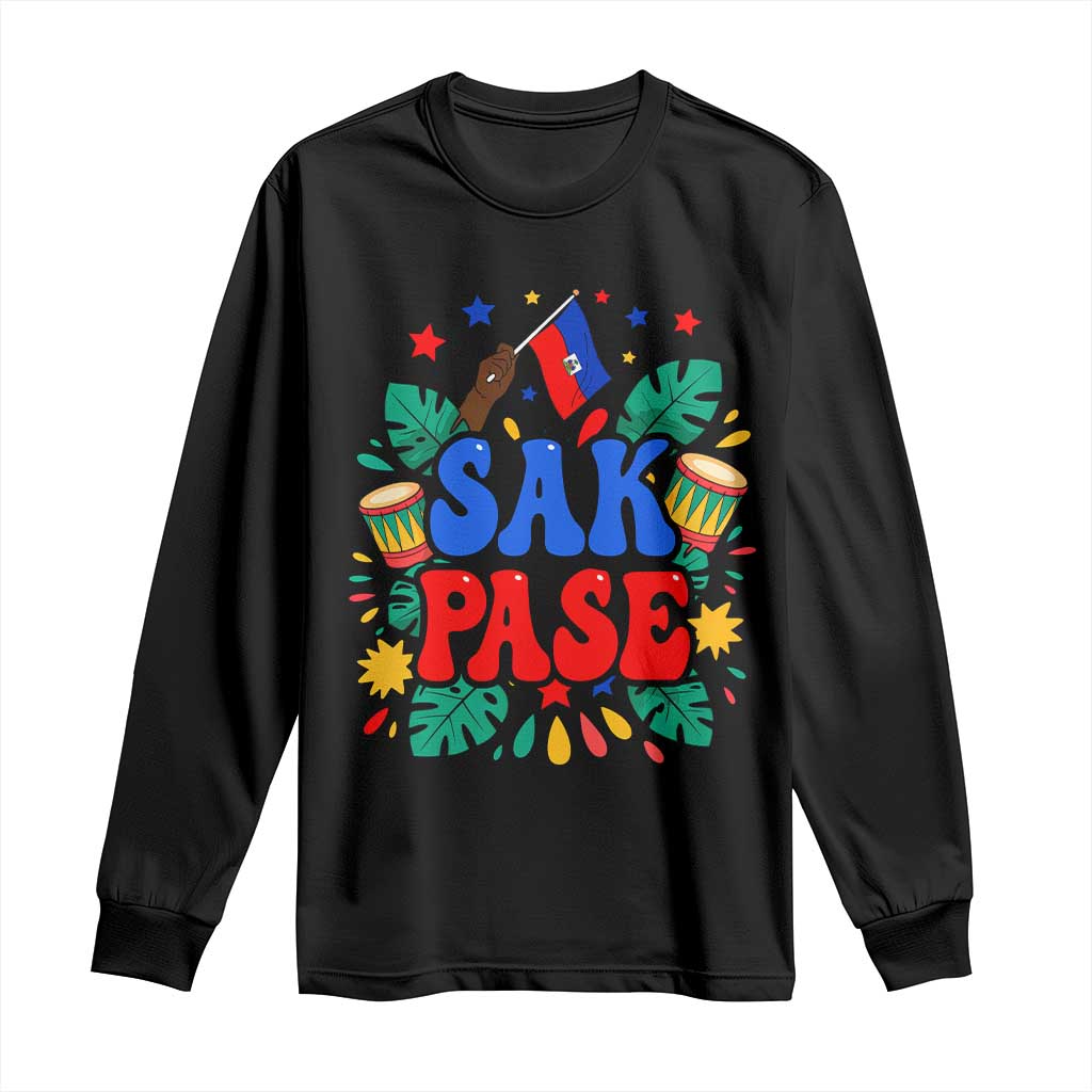 Sak Pase Colorful Festive Haitian Drums Tropical Graphic Long Sleeve Shirt Haiti Heritage Pride TS02 Black Print Your Wear