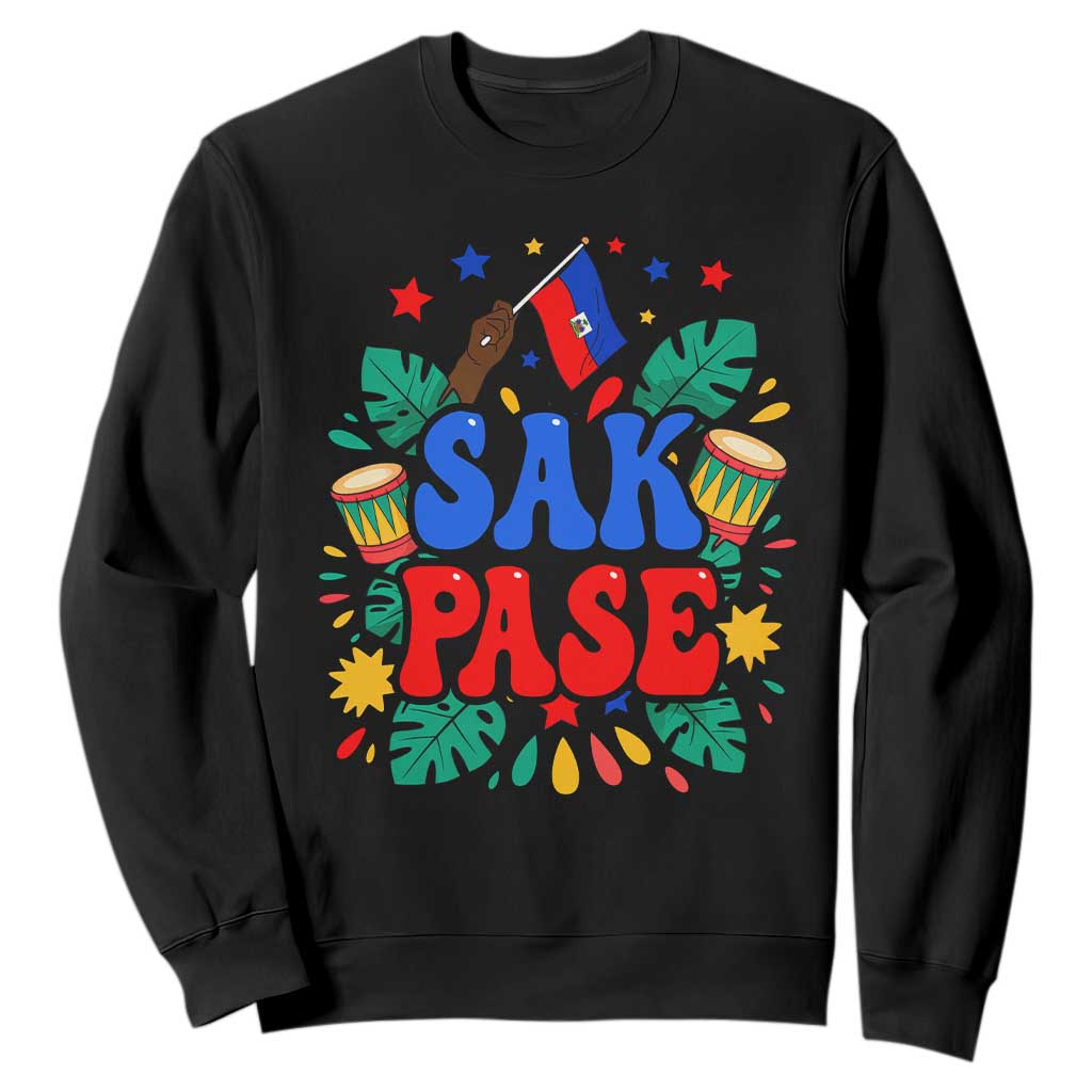 Sak Pase Colorful Festive Haitian Drums Tropical Graphic Sweatshirt Haiti Heritage Pride TS02 Black Print Your Wear