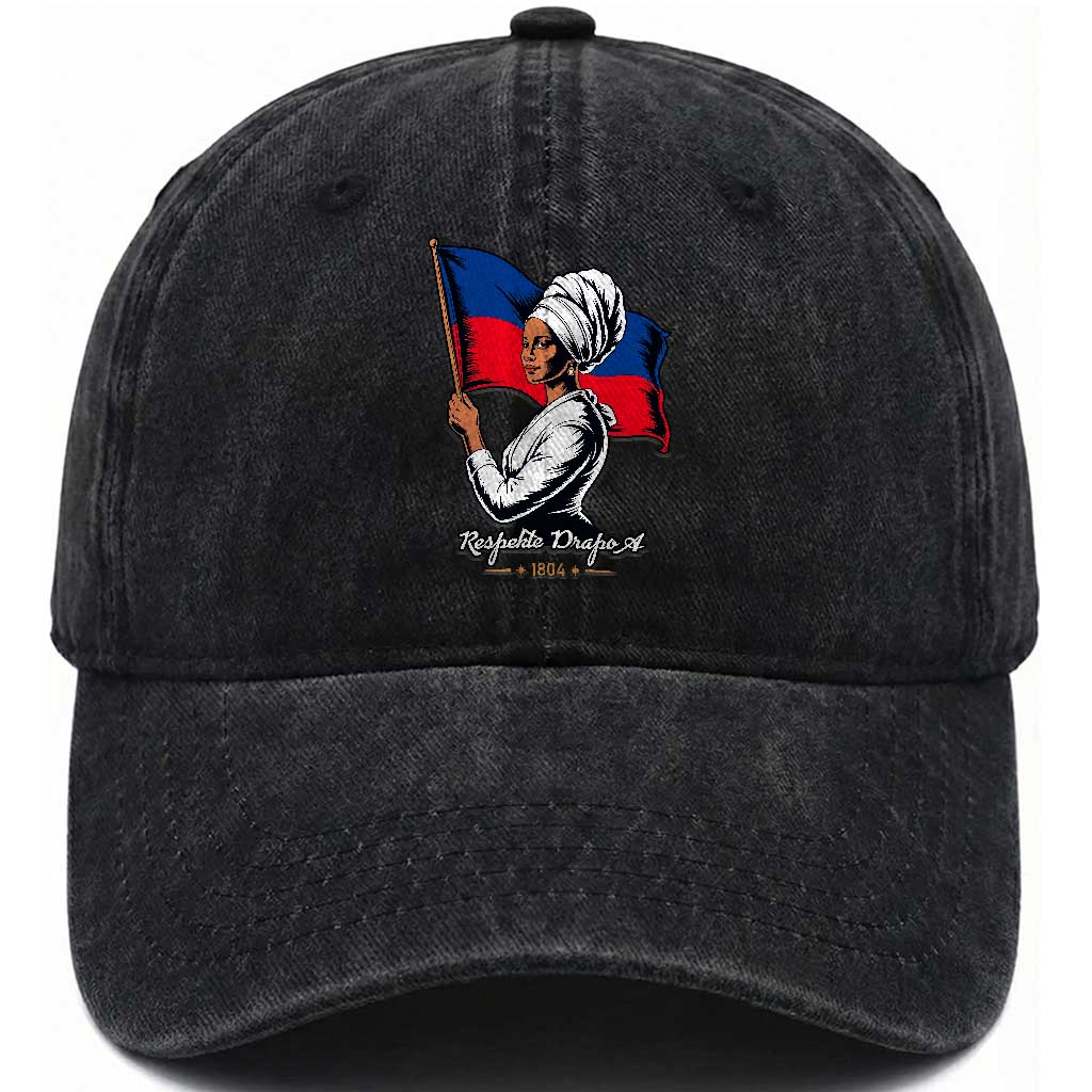 Respekte Drapo A 1804 Haitian Independence Day Washed Cotton Baseball Cap Proud Haitian Woman Flag Heritage TS02 Print Your Wear